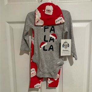 Christmas Fa La La 3 Piece Outfit With Beanie By Gerber, 3-6 Months, Unisex